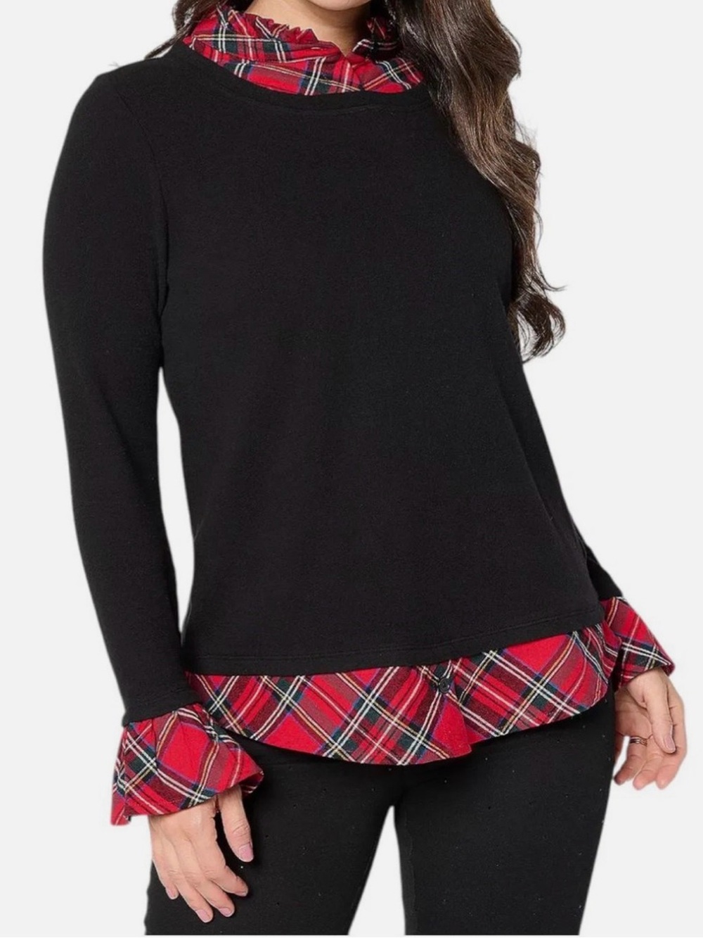 New Jingle Belles by Kim Gravel Peek a Boo Ruffle Tartan Top Black size Medium